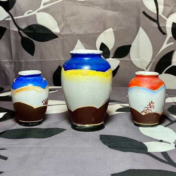 Vintage Occupied Japan Satsuma Moirage Porcelain Bone China Mini Vases Set Of 3 - Picture 11 of 12